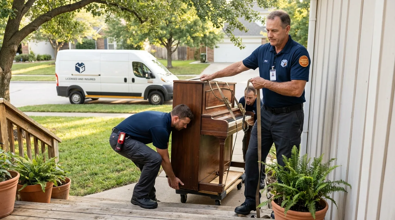Licensed piano movers securing grand piano in Castlewood, VA