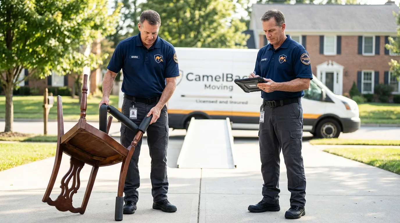 Movers inspecting furniture for damage prevention before loading in Castlewood, VA